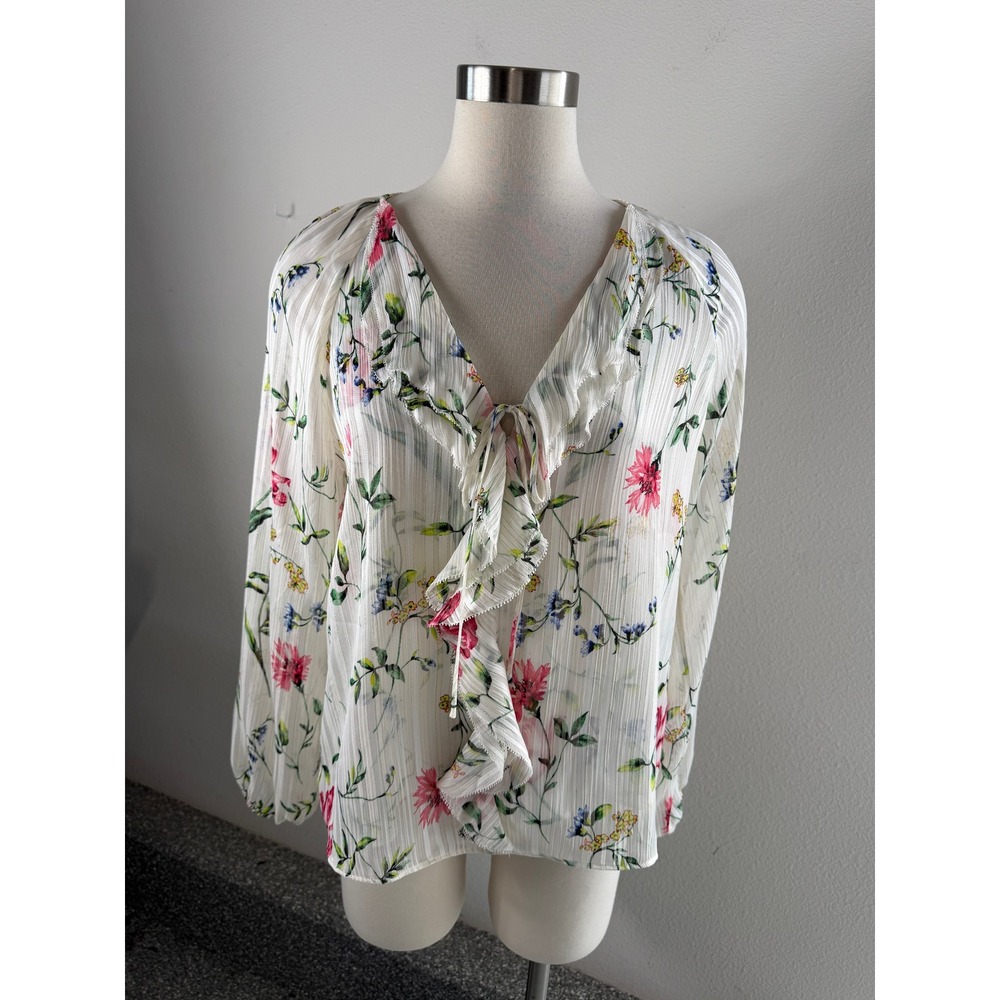 White House Black Market Womens Medium Floral Ruffle V Neck Blouse Top